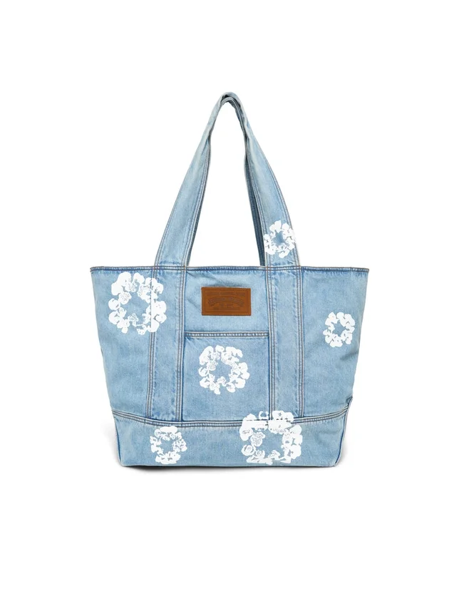 Bawełniana torba typu shopper z motywem Cotton Wreath z jasno spranego Denimu