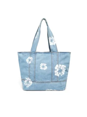 Bawełniana torba typu shopper z motywem Cotton Wreath z jasno spranego Denimu
