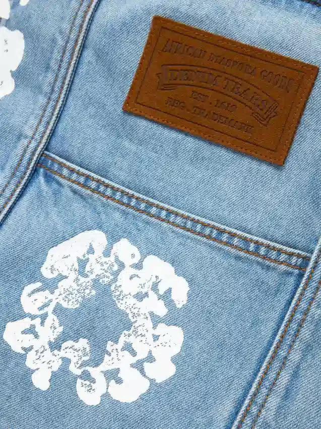 Bawełniana torba typu shopper z motywem Cotton Wreath z jasno spranego Denimu