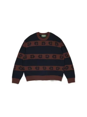 Bawełniany sweter w paski z motywem Cotton Wreath, granatowo-brązowy