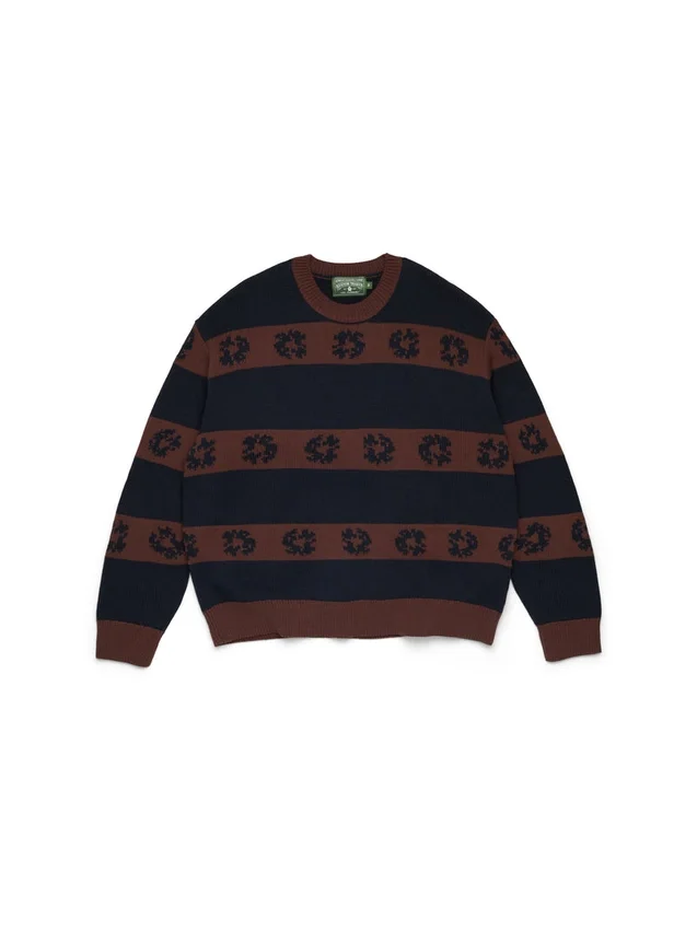 Bawełniany sweter w paski z motywem Cotton Wreath, granatowo-brązowy