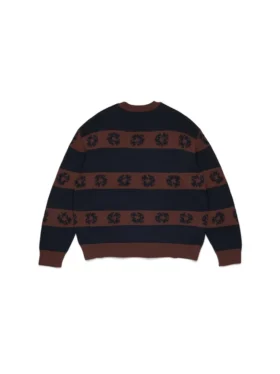 Bawełniany sweter w paski z motywem Cotton Wreath, granatowo-brązowy