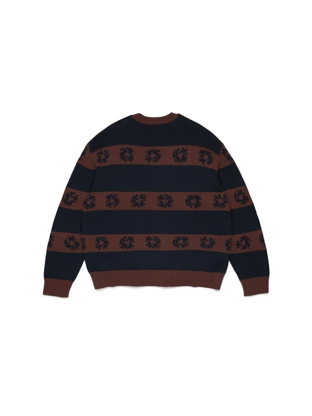 Bawełniany sweter w paski z motywem Cotton Wreath, granatowo-brązowy