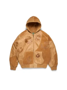 Bluza z kapturem z patchworku ze skóry i zamszu z motywem „Cotton Wreath Hoodie”, brązowa