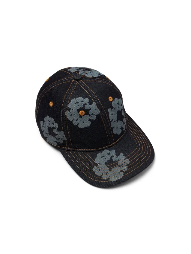 Czapka z surowego Denimu z motywem „Cotton Wreath” w kolorze „Washed Indigo”