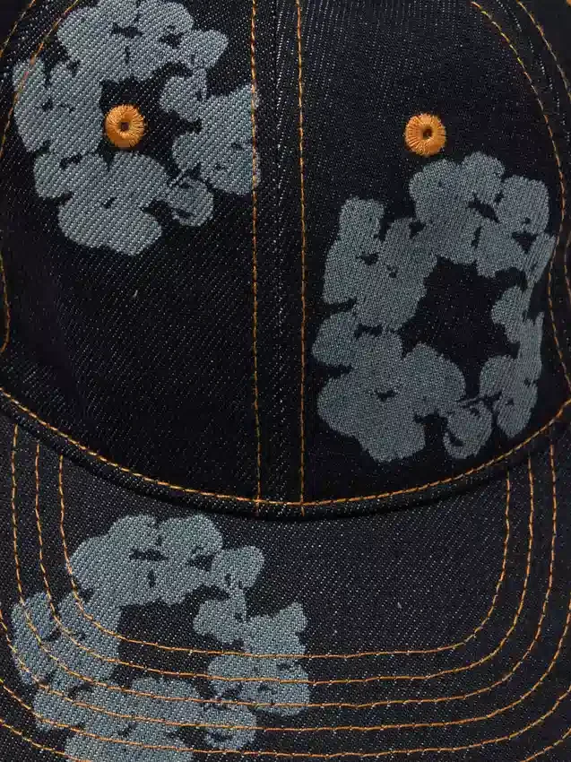 Czapka z surowego Denimu z motywem „Cotton Wreath” w kolorze „Washed Indigo”