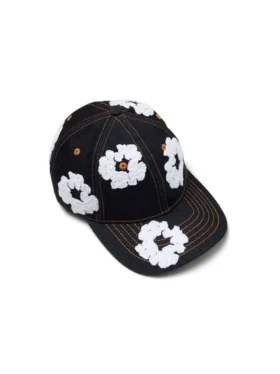 Czapka z surowego Denimu z motywem „Cotton Wreath” – wybarwiona na kolor indygo