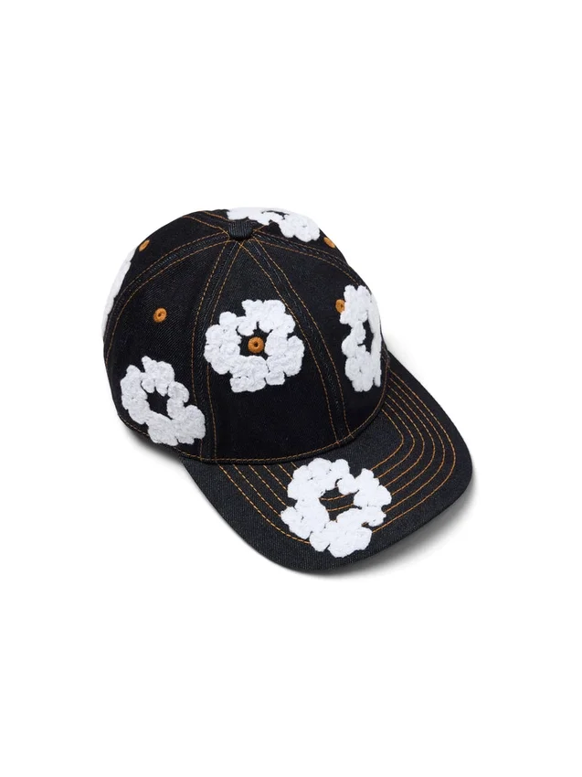 Czapka z surowego Denimu z motywem „Cotton Wreath” – wybarwiona na kolor indygo