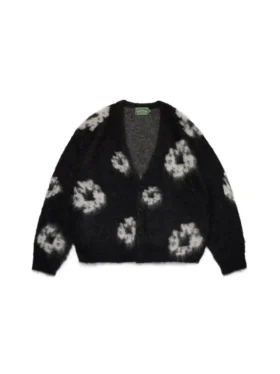 Czarny kardigan z motywem „Cotton Wreath” z moheru