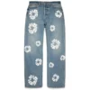 Luźne bawełniane spodnie Denim z motywem Cotton Wreath, jasne wykończenie
