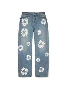 Luźne bawełniane spodnie Denim z motywem Cotton Wreath, jasne wykończenie