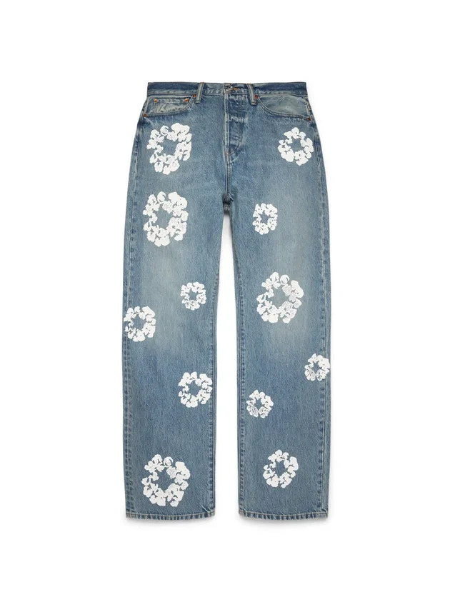 Luźne bawełniane spodnie Denim z motywem Cotton Wreath, jasne wykończenie