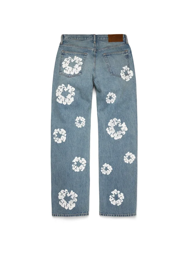 Luźne bawełniane spodnie Denim z motywem Cotton Wreath, jasne wykończenie