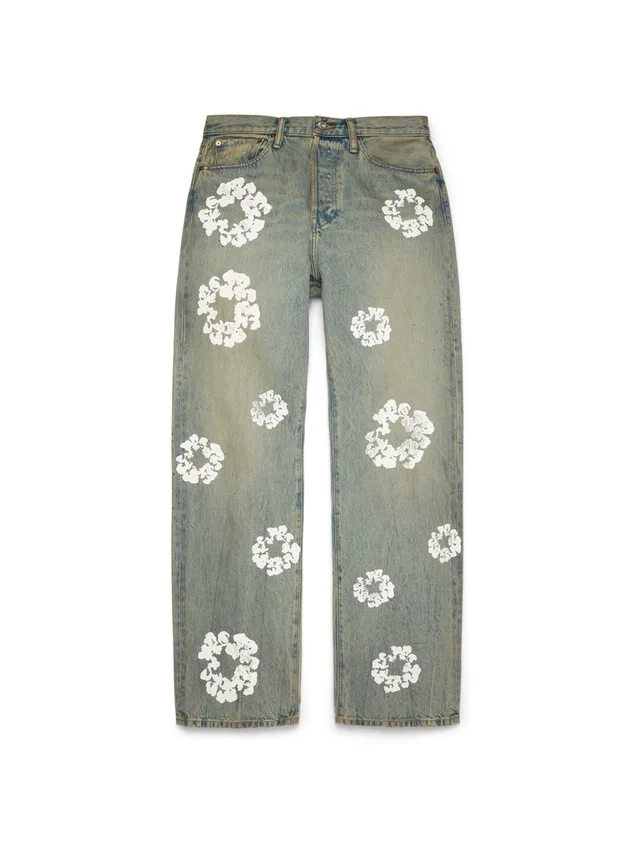 Luźne Denim dżinsy z motywem „Cotton Wreath” w wykończeniu „Dirty Wash”