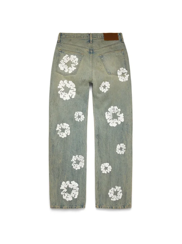 Luźne Denim dżinsy z motywem „Cotton Wreath” w wykończeniu „Dirty Wash”