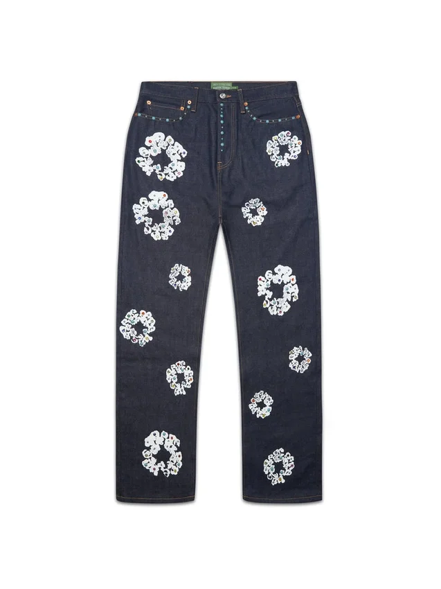 Luźne spodnie Denim z motywem „Cotton Wreath” z ćwiekami, selvedge