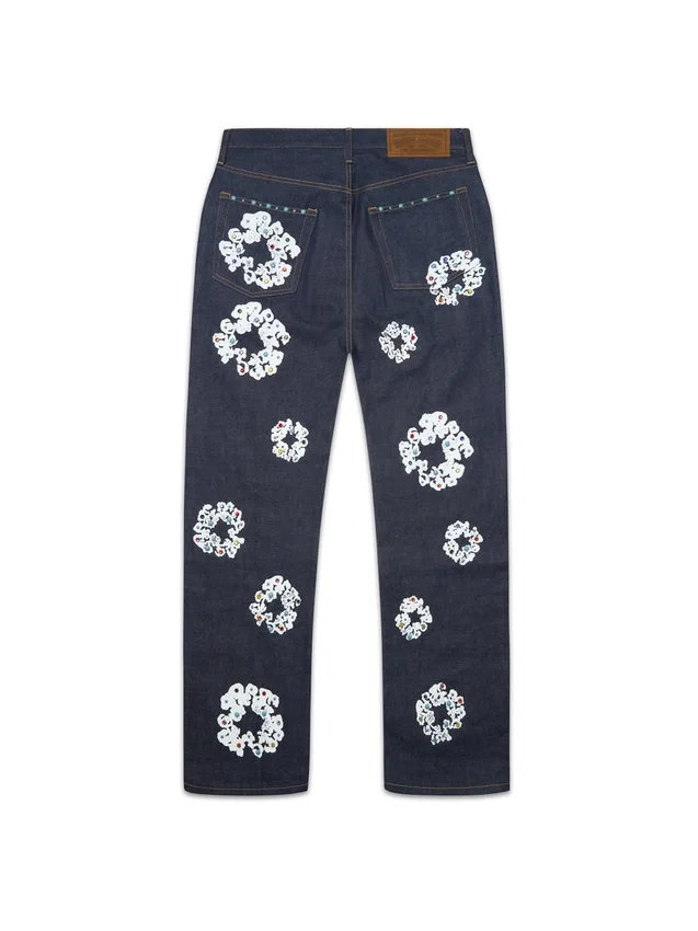 Luźne spodnie Denim z motywem „Cotton Wreath” z ćwiekami, selvedge