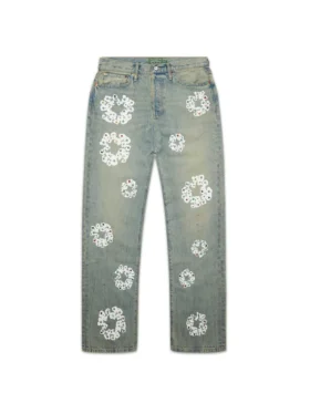 Luźne spodnie Denim z motywem Cotton Wreath, z ćwiekami, w stylu „Dirty Wash”