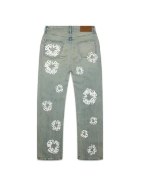 Luźne spodnie Denim z motywem Cotton Wreath, z ćwiekami, w stylu „Dirty Wash”
