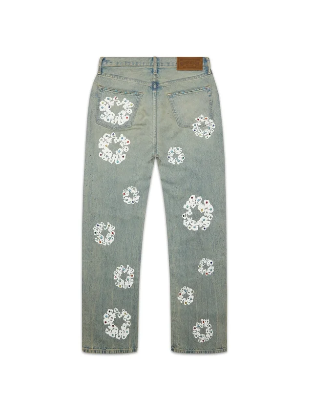 Luźne spodnie Denim z motywem Cotton Wreath, z ćwiekami, w stylu „Dirty Wash”