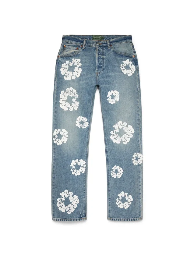 Proste Denim spodnie z motywem Cotton Wreath, jasne wykończenie