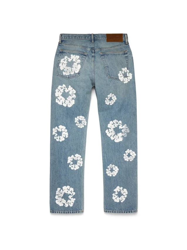 Proste Denim spodnie z motywem Cotton Wreath, jasne wykończenie