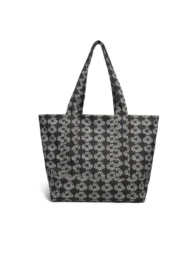 Torba typu shopper z dżinsu z żakardowym wzorem w wieńce, ciemny odcień