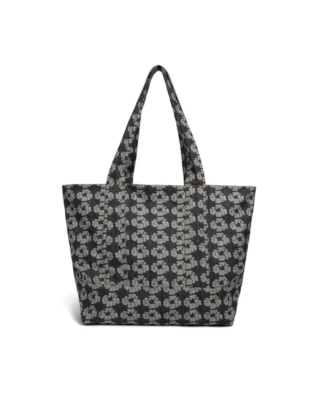 Torba typu shopper z dżinsu z żakardowym wzorem w wieńce, ciemny odcień