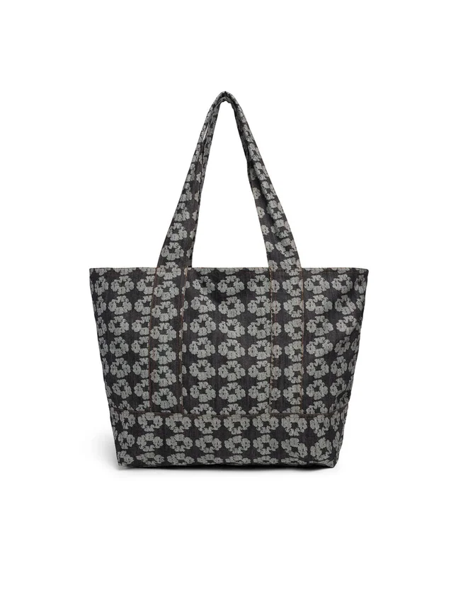 Torba typu shopper z dżinsu z żakardowym wzorem w wieńce, ciemny odcień